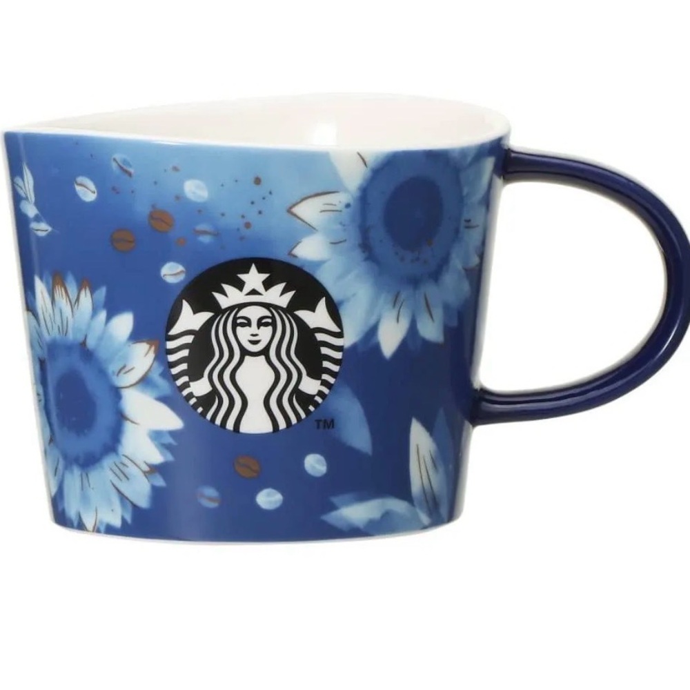 Starbucks Ceramic Mug Blue Gold Flower 2023 Summer sunflowers Japan Limited